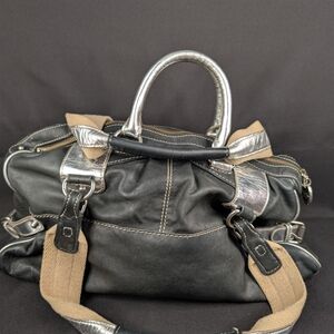 Tracy Reese New York Black Silver Metallic Leather Slouchy Shoulder Bag Satchel
